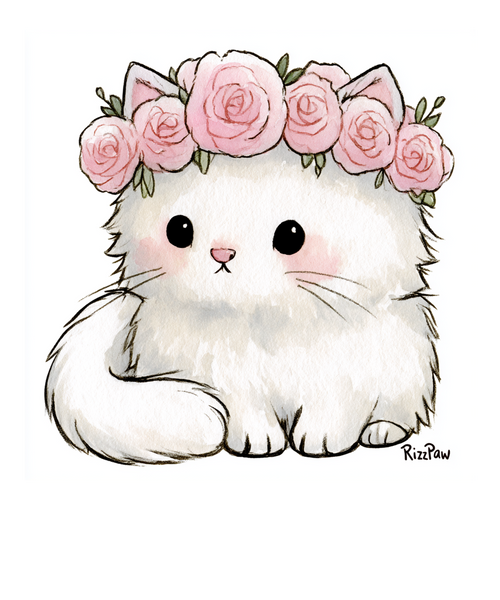 pawdorable — fluffy white kitten with crown of pink roses, soft pastel wa