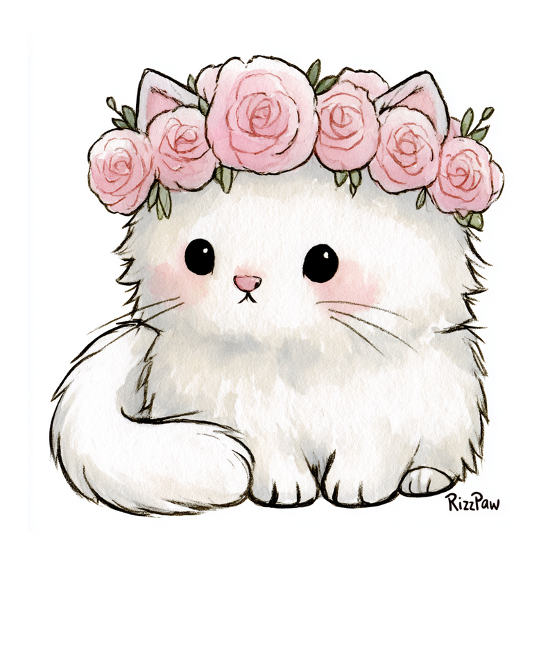 pawdorable — fluffy white kitten with crown of pink roses, soft pastel wa