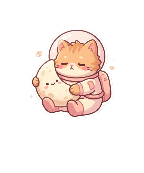 pawdorable — a sleepy ginger cat astronaut hugging a tiny moon