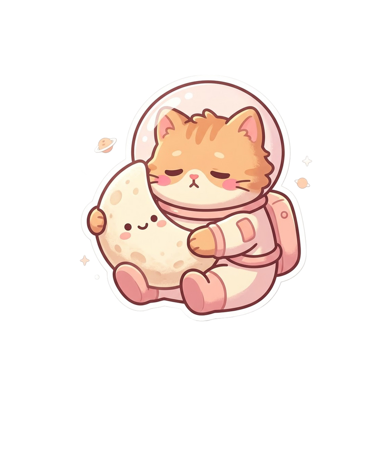 pawdorable — a sleepy ginger cat astronaut hugging a tiny moon