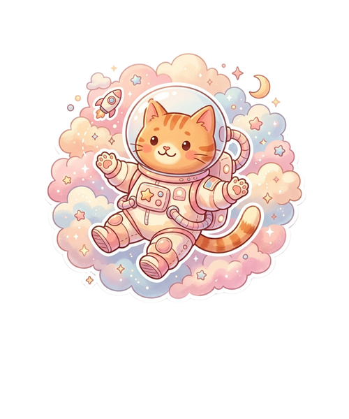 pawdorable — a happy ginger cat astronaut floating among pastel clouds