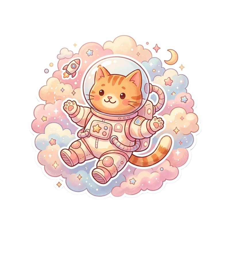 pawdorable — a happy ginger cat astronaut floating among pastel clouds